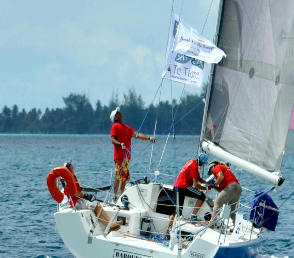 Mixing it with the locals on race day - Tahita Pearl Regatta 2012 © Maggie Joyce - Mariner Boating Holidays http://www.marinerboating.com.au